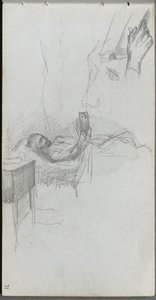 Skitsebog, side 71: Studie af en figur, der læser i sengen, undersøgelse af en hånd. af Jean Louis Ernest Meissonier