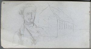 Skitsebog, side 99: Studie af figur, bygning. af Jean Louis Ernest Meissonier