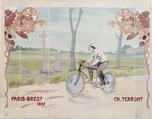 Charles Terront deltog i det første langdistancecykelløb nogensinde i 1891 mellem Paris og Brest. af Ernest Montaut