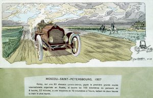 Motorløb: Moskva - Skt. Petersborg, ca. 1900 - tegning af Ernest Montaut (1878-1909).