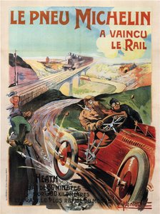 Panhard et levassor racerbil drevet af hede - Michelin Dæk (Pneu) - Montaut, Ernest (1879-1909) - 1905 - Farvelitografi - Privat samling