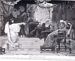 Ester fordømmer Haman, illustration fra 