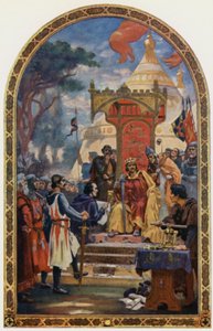 Kong John underskriver Magna Charta (farve litho) af Ernest Normand