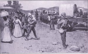 Britiske soldater hjælper boer-flygtninge, illustration fra After Pretoria: The Guerilla War, 1902 af Ernest Prater