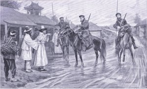 Kosakspejdere indsamler information fra en koreansk fange, illustration fra Cassells History of the Russo-Japanese War Vol 1, ca. 1900 af Ernest Prater
