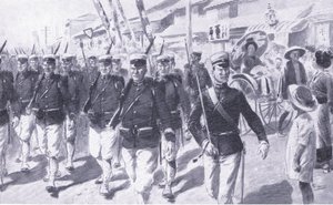 Japanere marcherer gennem Tokio, illustration fra Cassells History of the Russo-Japanese War Vol 1, ca. 1900 af Ernest Prater