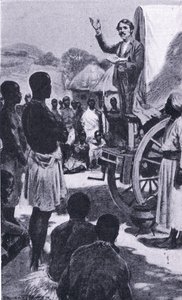 Preaching to the Makololo: Livingstone, illustration fra Cassells Romance of Famous Lives, ca. 1940 af Ernest Prater
