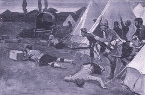 Angrebet på den britiske lejr på markedspladsen i Jacobsdal, illustration fra After Pretoria: The Guerilla War, 1902 af Ernest Prater