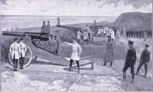 Port Arthurs investering. I en af havnene, der bevogter den russiske havn, illustration fra Cassells History of the Russo-Japanese War Vol 1, ca. 1900 af Ernest Prater