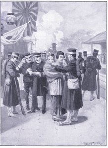 Tropper forlader Tokio, illustration fra Cassells History of the Russo-Japanese War Vol 1, ca. 1900 af Ernest Prater