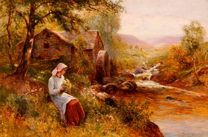 En ung pige plukker forårsblomster af Ernest Walbourn
