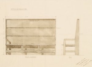 Design for Settle i engelsk eg, 1909 (pen med wc på papir) af Ernest William Gimson