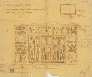 Design til brevpapiræske i Macassar ibenholt indlagt med perlemor, 1904 af Ernest William Gimson