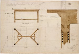 Design til spisebord i engelsk eg, mørklagt, med hørakebåre, 2. oktober 1908 (pen & blæk og wc på papir)