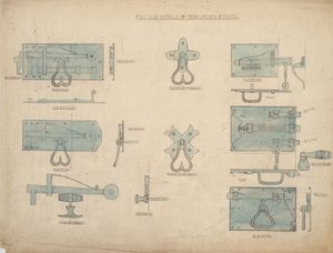 Design til jernlåse og bolte, ca. 1905-15 (blyant og wc på papir) af Ernest William Gimson