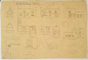 Par hytter ved Kelmscott for Miss May Morris, ca. 1915 (tryk og wc på papir)