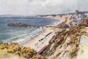 Bournemouth Pier og Sands fra Eastcliff (farve litho) af Ernest William Haslehust