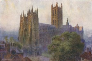 Canterbury Cathedral fra Christ Church Gate (farve litho) af Ernest William Haslehust
