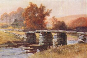 Clapper Bridge, Postbridge (farve litho) af Ernest William Haslehust