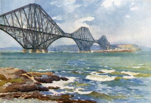 Forth Bridge og Coast of Fife (farve litho) af Ernest William Haslehust