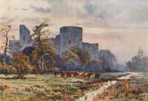 Pevensey Castle from the Meadows (farve litho) af Ernest William Haslehust