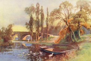 Themsen: Chertsey Bridge (farvelitografi) af Ernest William Haslehust
