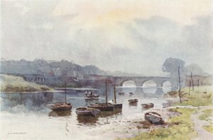Salmon Fishers at Chester (farve litho) af Ernest William Haslehust