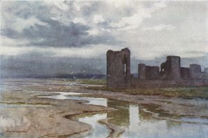 Sands of Dee, Flint Castle (farve litho) af Ernest William Haslehust