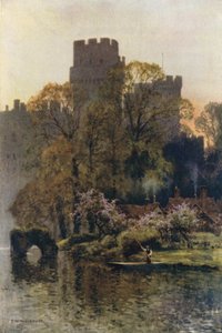 Warwick Castle fra floden (farve litho) af Ernest William Haslehust