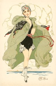 Smuk pige i flæset badedragt og kappe (farvelitografi) af Ernesto Bottaro