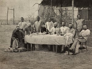 Anti-slaveri samfund banket på italiensk konsulat i Boma, Den Demokratiske Republik Congo, gravering af Ernesto Mancastropa fra fotografi af Giuseppe Corona, fra L