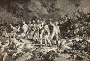 Slaget ved Dogali, sidste overlevende præsenterer våben, hilser faldne, Eritreansk krig, gravering af Ernesto Mancastroppa og Cantagalli fra tegning og komposition af Ludovico Pogliaghi, fra L