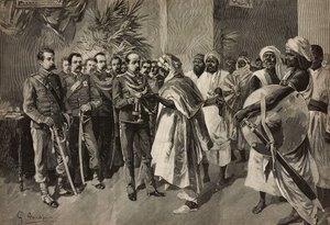 General Tancredi Saletta tilbyder sværd til Kantibai, Chief of Abab, Massawa, Eritrean War, gravering af Ernesto Mancastroppa fra tegning af G Amato, fra L