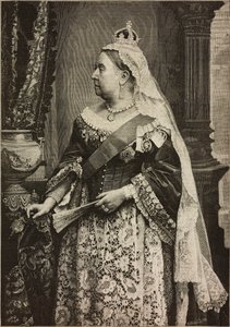 Hendes Majestæt Dronning Victoria ved fejringen af 50-året for hendes kroning, gravering af Ernesto Mancastroppa fra foto af Walery, fra L