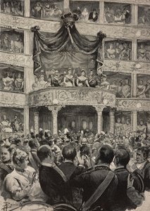 Umberto I og Margherita af Savoyen, ledsaget af Tysklands suveræner, i Teatro Argentina i anledning af sølvbryllupsfester, 21. april
