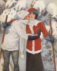 Par skiløb om vinteren (farve litho)