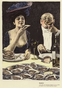 Spise østers på en restaurant (farve litho)