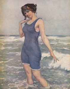 Kvinde bader i havet (farve litho)