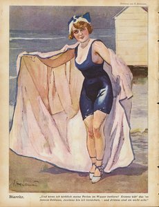 Kvinde på stranden ved Biarritz (farve litho)