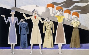 Modedesign, der viser tre kvindelige modeller, der holder tøj op på bøjler, med en damper i baggrunden af Ernst Deutsch Dryden
