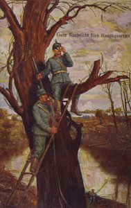 Gode nyheder til hovedkvarteret, tyske soldater observerer slagmarken og rapporterer til hovedkvarteret via en felttelefon, Første Verdenskrig, 1915