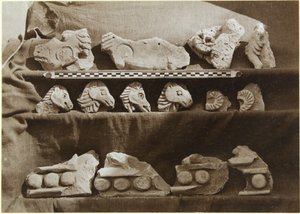 Udgravning af Samarra (Irak): Fragmenter af en frise med kamelfigurer, fra kalifens palads (Dar al-Khilafa, Jawsaq al-Khaqani, Bayt al-Khalifah), Lille Serdab, ca. 1911-13 (s/h) Foto) af Ernst Herzfeld