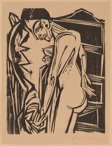 Kvindelig nøgen foran et kabinet, 1916. af Ernst Ludwig Kirchner