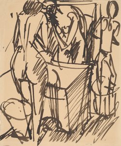 Nøgen med et spejl, stående foran et vaskebord, 1908-1910. af Ernst Ludwig Kirchner