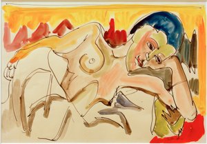 E.L. Kirchner, tilbagelænet kvinde med blottet overkrop af Ernst Ludwig Kirchner