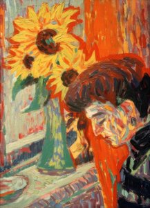Kvindehoved foran solsikker af Ernst Ludwig Kirchner