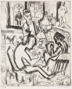 Interiør med mennesker. 1923 af Ernst Ludwig Kirchner