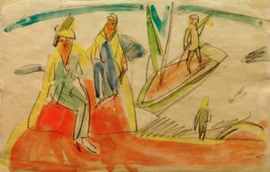 Folk og båd på stranden af Ernst Ludwig Kirchner