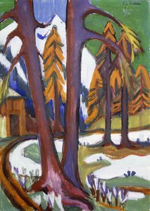 Bjerg-tidligt forår med lærke; Berg-Vorfruhling mit Larchen, c.1921-1923 af Ernst Ludwig Kirchner