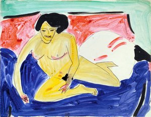 Nøgen siddende på en divan (Siddende nøgen på Divan). Værk af Ernst Ludwig Kirchner (1880-1938), akvarel og blæk på papir af Ernst Ludwig Kirchner